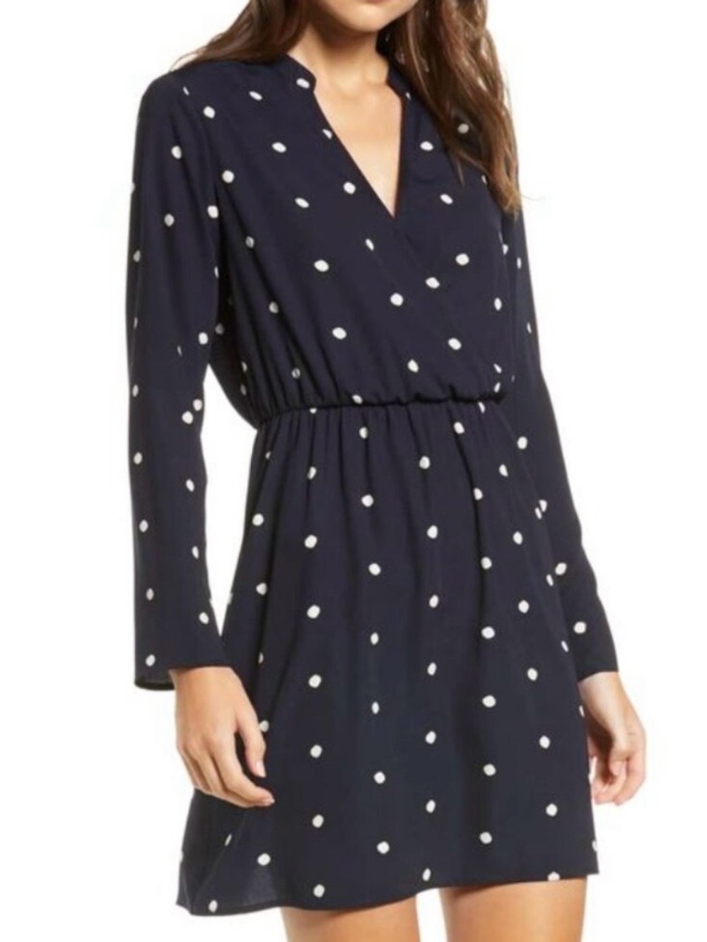 NWOT All In Favor Navy Polka Dot Wrap Dress